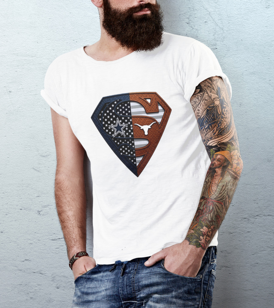 Dallas Cowboys Texas Longhorns Superman Shield Split Dual Icon Emblems T-Shirt