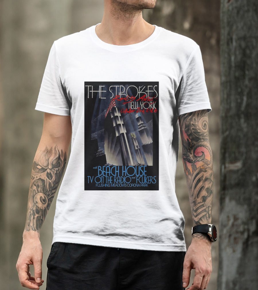 The Strokes New York Concert October 2026 Flushing Meadows Corona Park With Beach House TV On The Radio Fcukers Deco Cityscape T-Shirt
