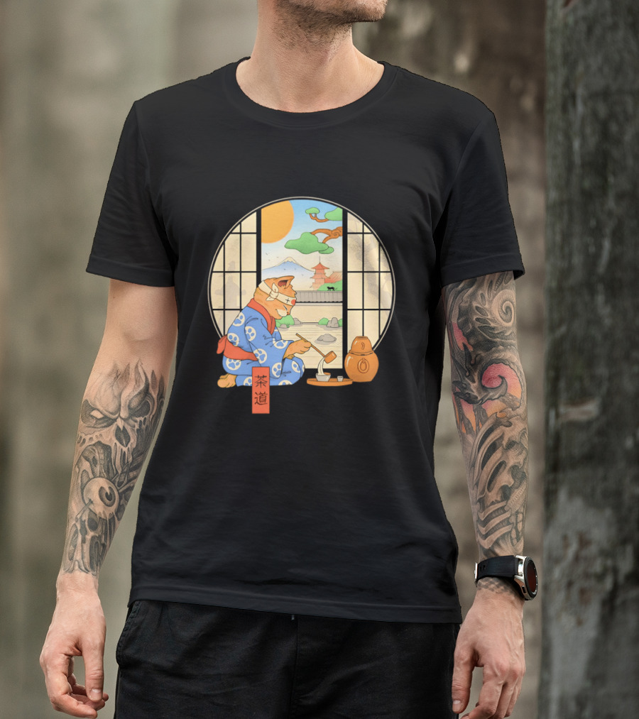 Ukiyo E Style Cat Tea Ceremony With Japanese Landscape T-Shirt