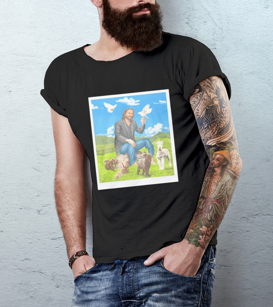 Keanu Reeves Surrounded By Animals In Peaceful Steppe Landscape T-Shirt