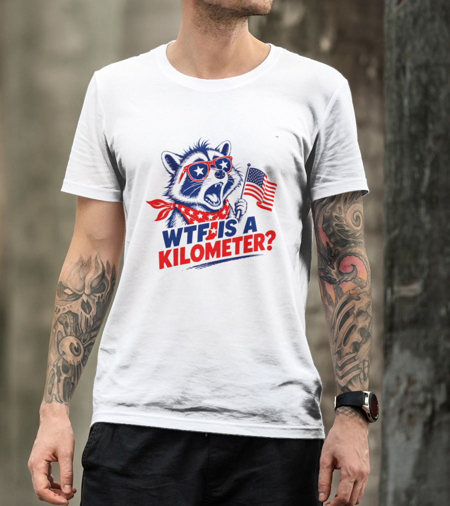 WTF Is A Kilometer Star Spangled Raccoon Holding American Flag 4th Of July T-Shirt
