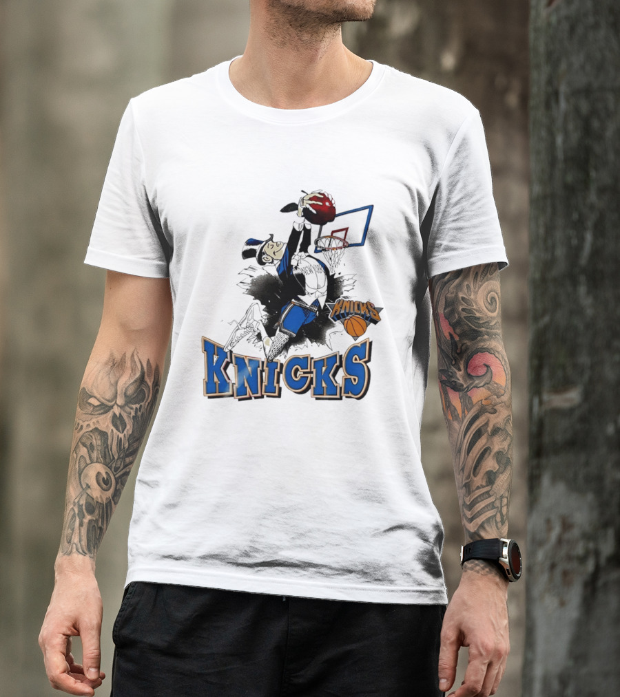 New York Knicks Dunking Red Apple Knicks Text Blue Basketball T-Shirt