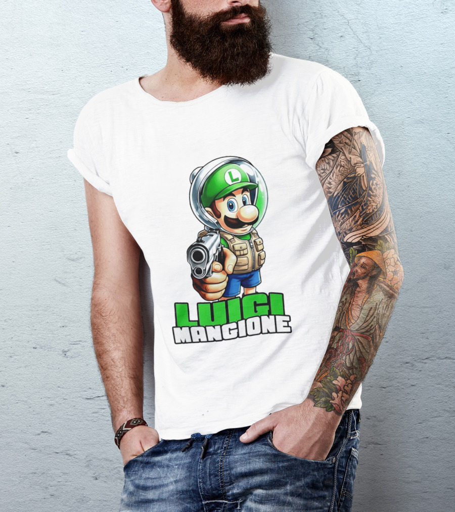 Luigi Mangione Super Mario Green Hat Gun Image T-Shirt