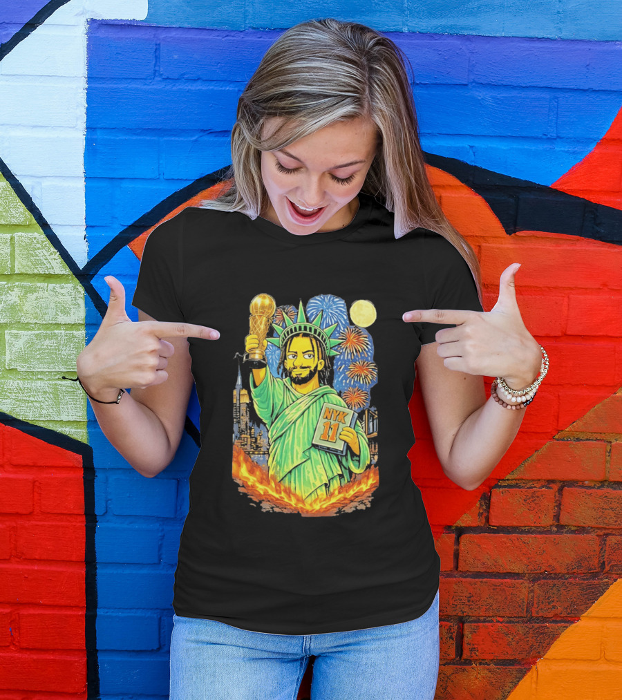 New York Knicks Jalen Brunson As Statue Of Liberty NYK 11 With Trophy And Fireworks T-Shirt