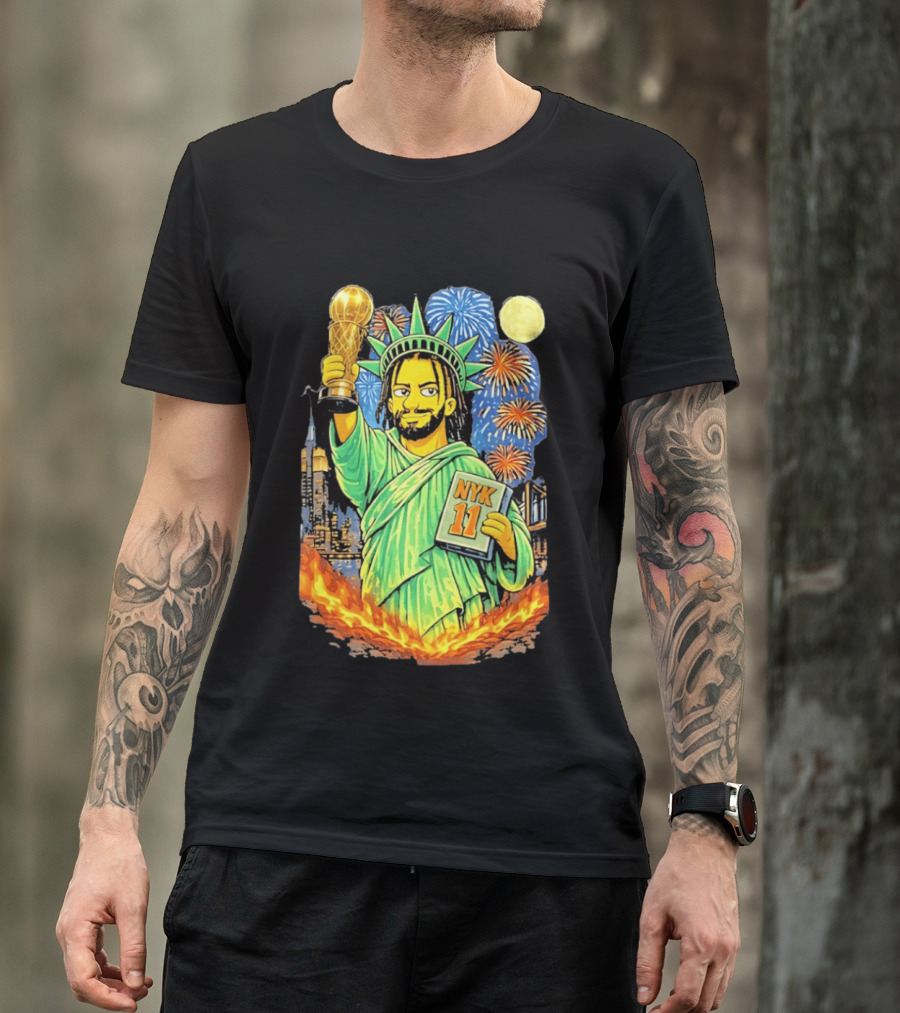 New York Knicks Jalen Brunson As Statue Of Liberty NYK 11 With Trophy And Fireworks T-Shirt