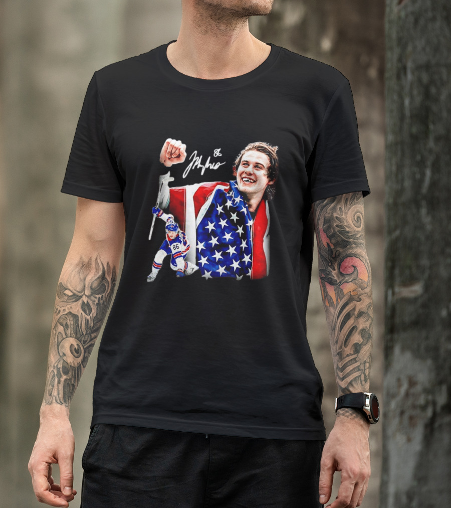 Jack Hughes New Jersey Devils USA Flag 86 Hockey Celebration T-Shirt