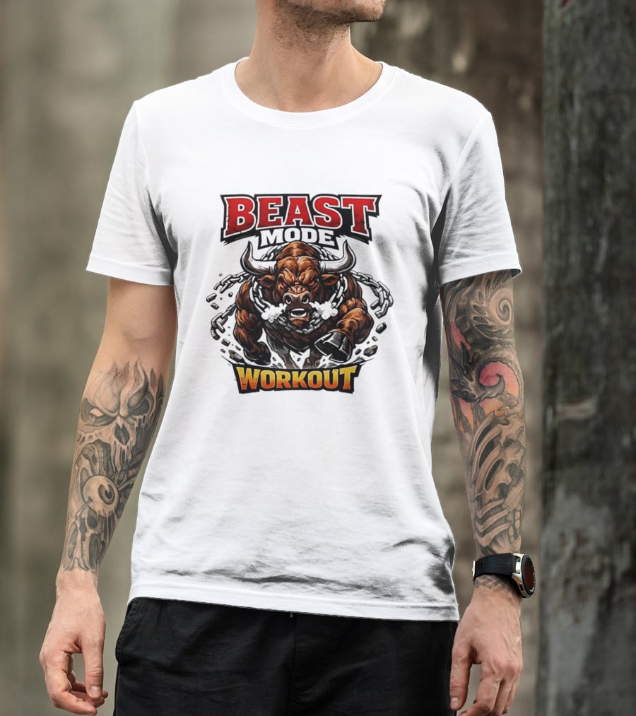 Beast Mode Workout Illustrated Bull Breaking Chains T-Shirt