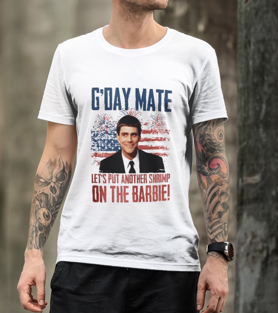 G'Day Mate Let's Put Another Shrimp On The Barbie 4th Of July With Stars And Stripes Fireworks T-Shirt