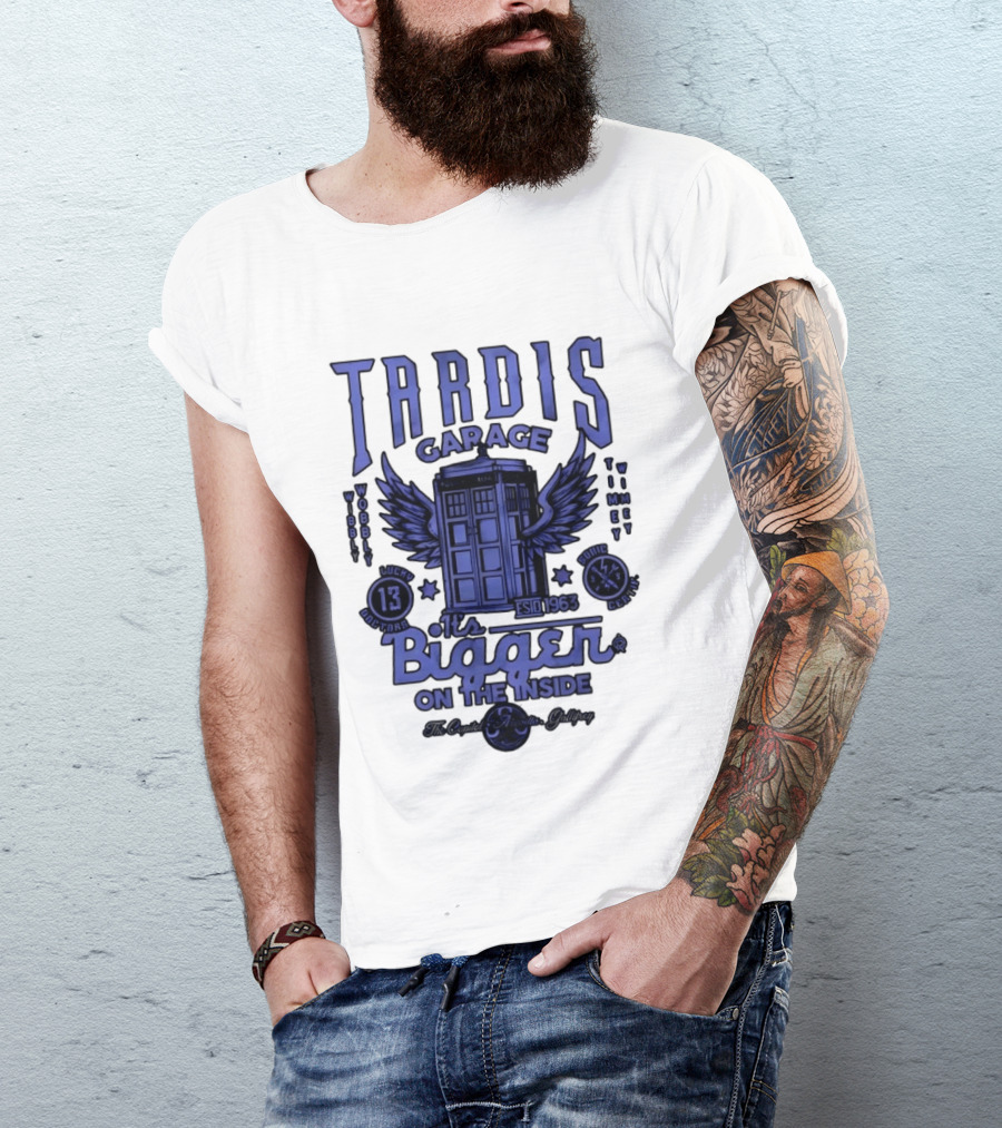 Tardis Garage It's Bigger On The Inside Lucky 13 Doctors Wibbly Wobbly Timely Wimey Sonic Crafted Estd 1963 T-Shirt