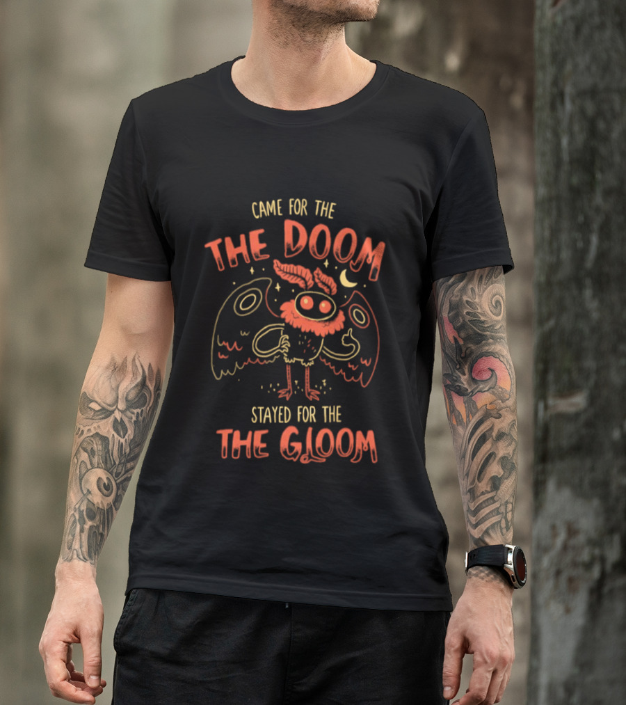 Came For The The Doom Stayed For The The Gloom Owl Cartoon With Crescent Moon And Stars T-Shirt