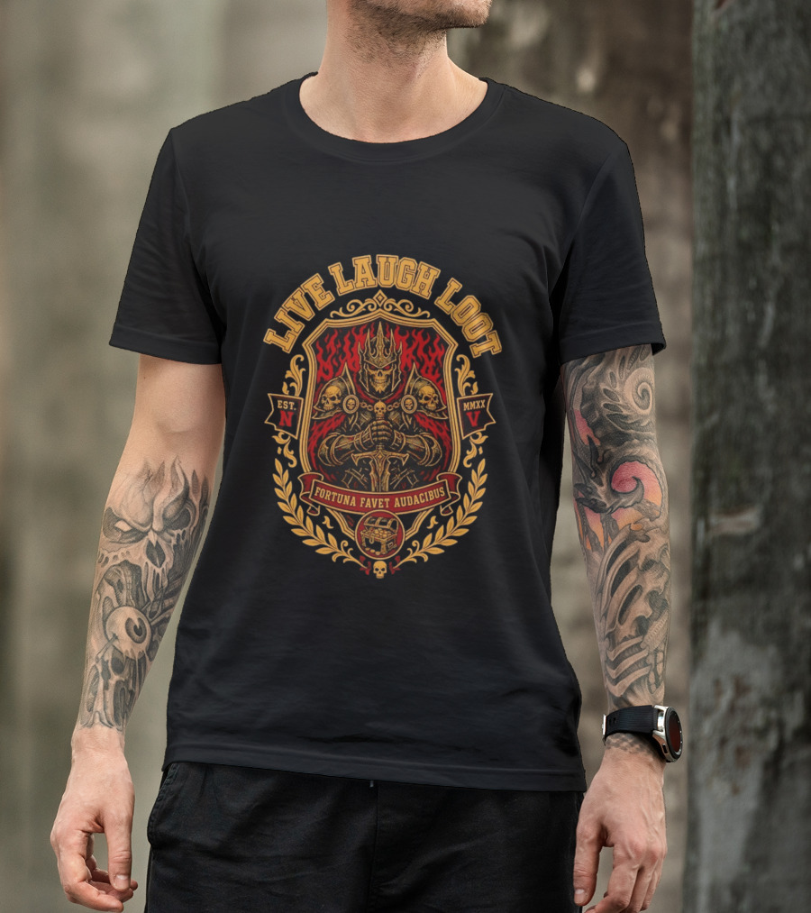 Live Laugh Loot Skeleton Knight Emblem Fortuna Favet Audacibus Crest T-Shirt