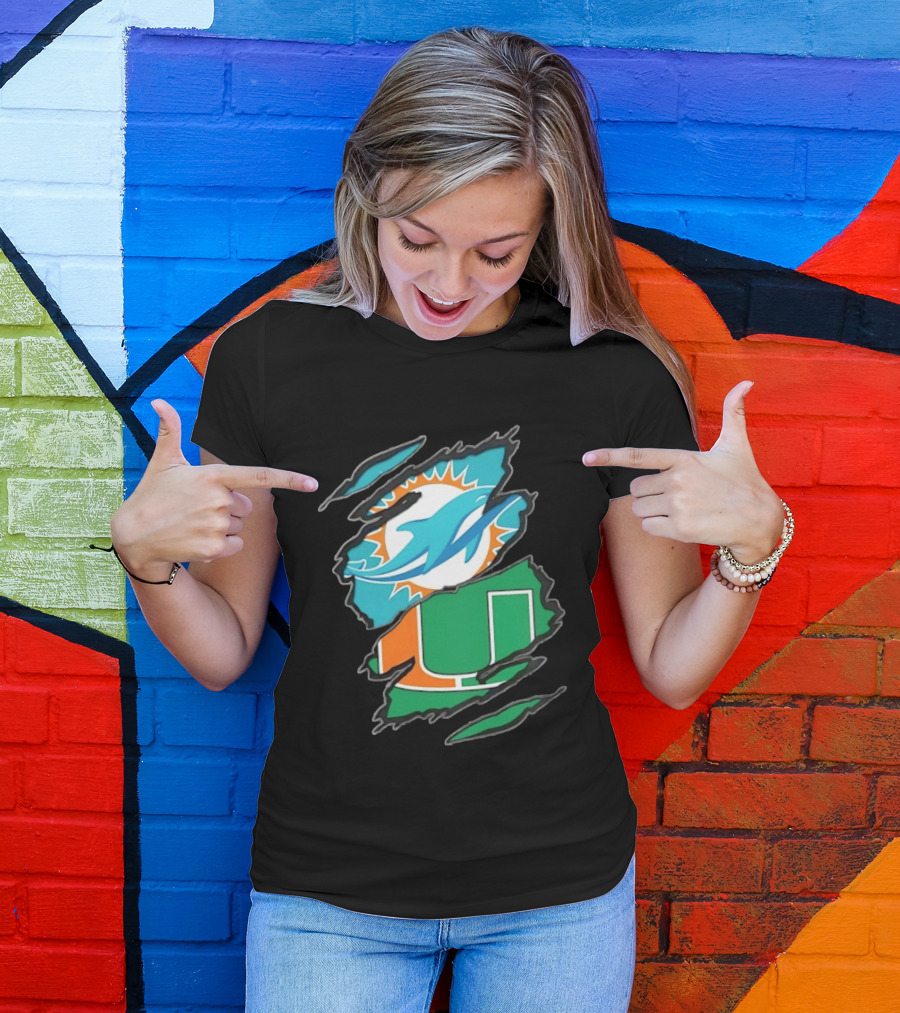 Miami Dolphins And Miami Hurricanes Two Teams One Heart Scratch T-Shirt