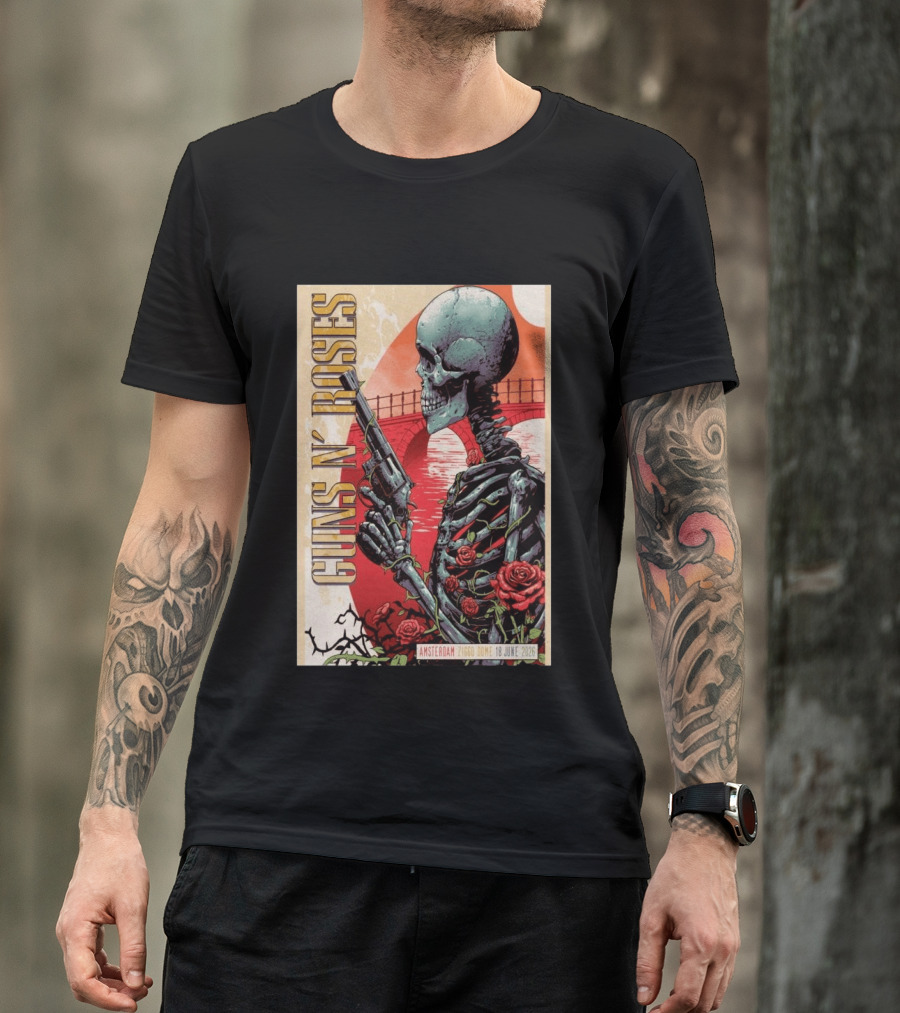 Guns N' Roses Amsterdam 18 June 2026 Ziggo Dome Skeleton With Gun And Roses T-Shirt