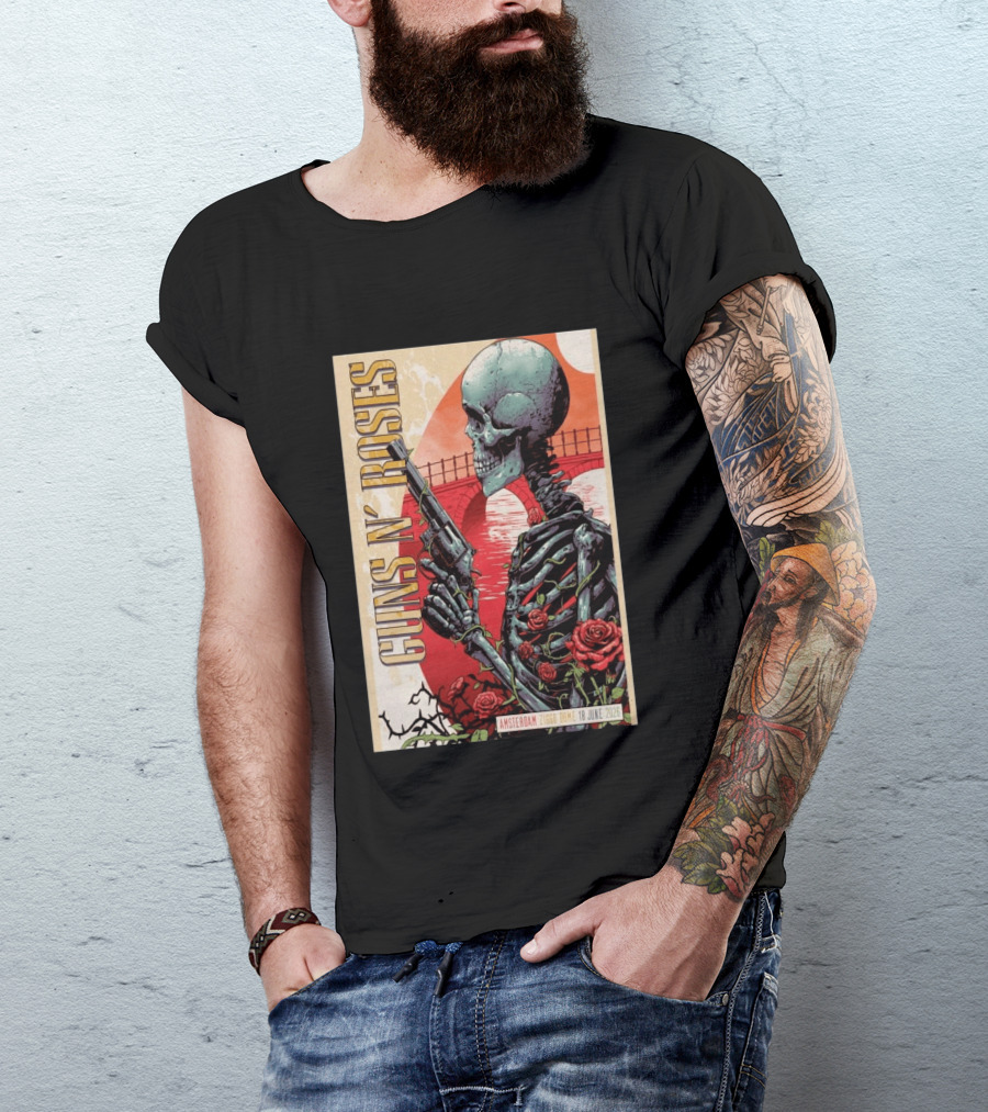 Guns N' Roses Amsterdam 18 June 2026 Ziggo Dome Skeleton With Gun And Roses T-Shirt