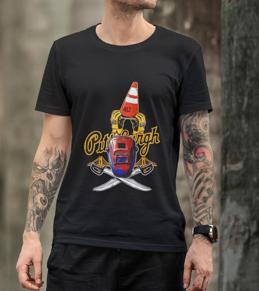 Pittsburgh 412 Welding Mask Construction Cone Crossed Swords Yellow Bridge T-Shirt