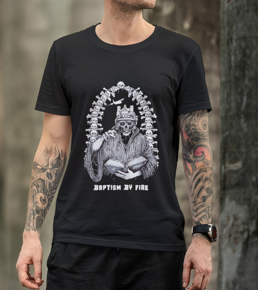Baptism By Fire Skeleton Soldier Night Vision Goggles Book And Skulls T-Shirt