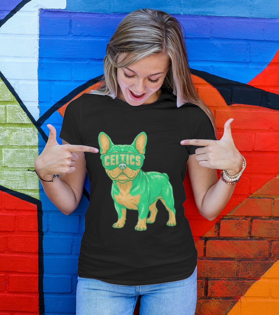 Boston Celtics French Bulldog Wearing Celtics Glasses T-Shirt