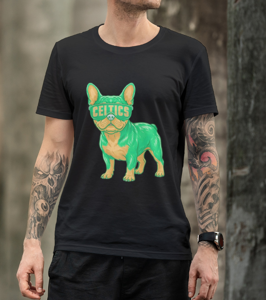 Boston Celtics French Bulldog Wearing Celtics Glasses T-Shirt