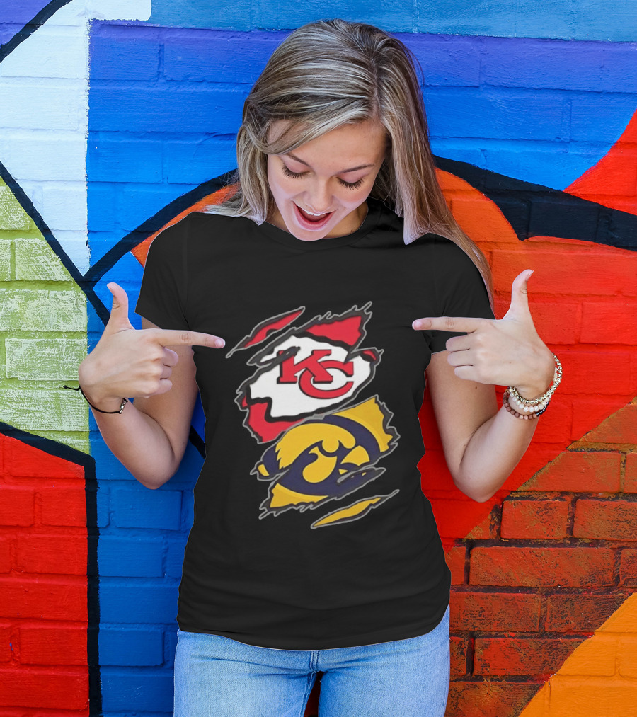 Kansas City Chiefs And Iowa Hawkeyes Two Teams One Heart Scratch KC Logo Iowa T-Shirt