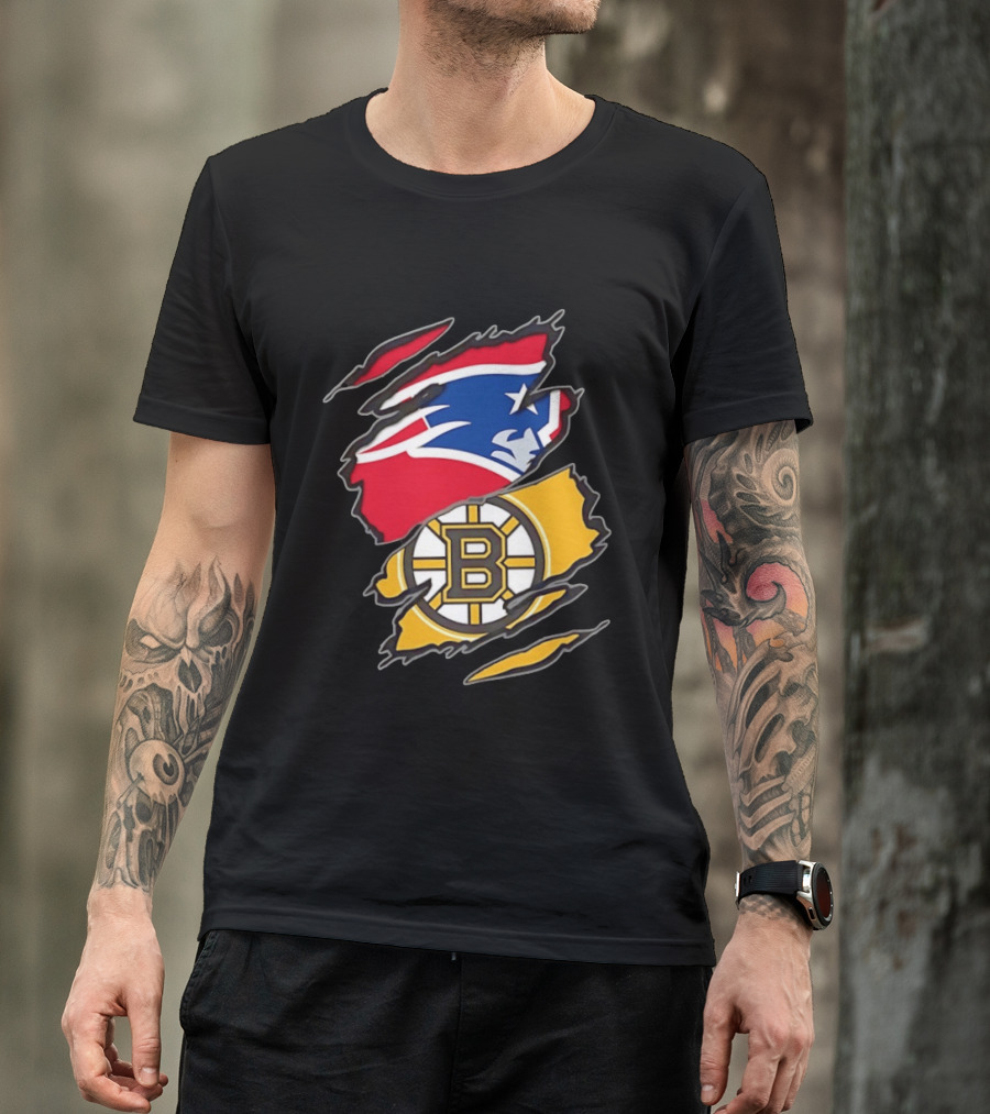 New England Patriots Boston Bruins Two Teams One Heart Scratch NFL NHL Fan T-Shirt