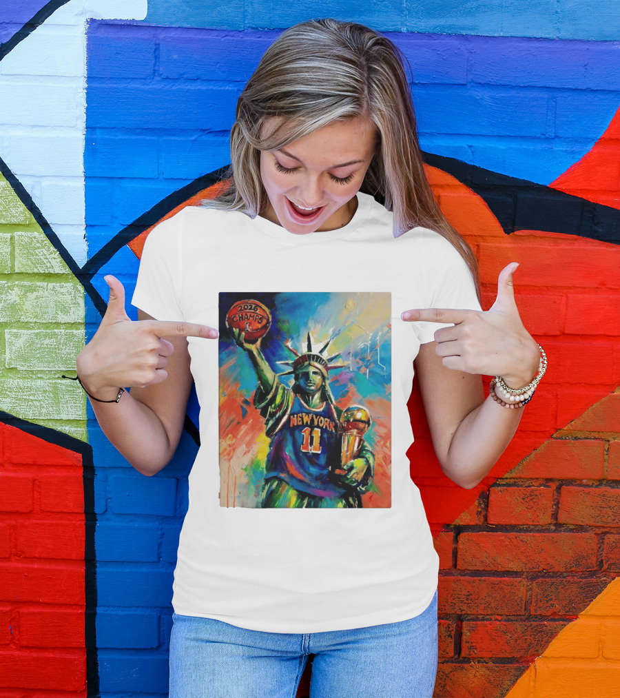 New York Knicks 11 Statue Of Liberty 2026 Champs Trophy Basketball T-Shirt