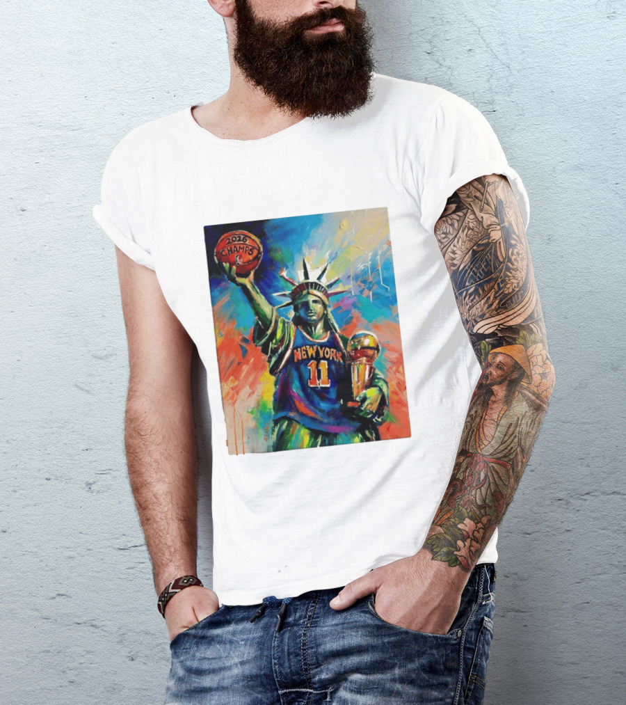 New York Knicks 11 Statue Of Liberty 2026 Champs Trophy Basketball T-Shirt