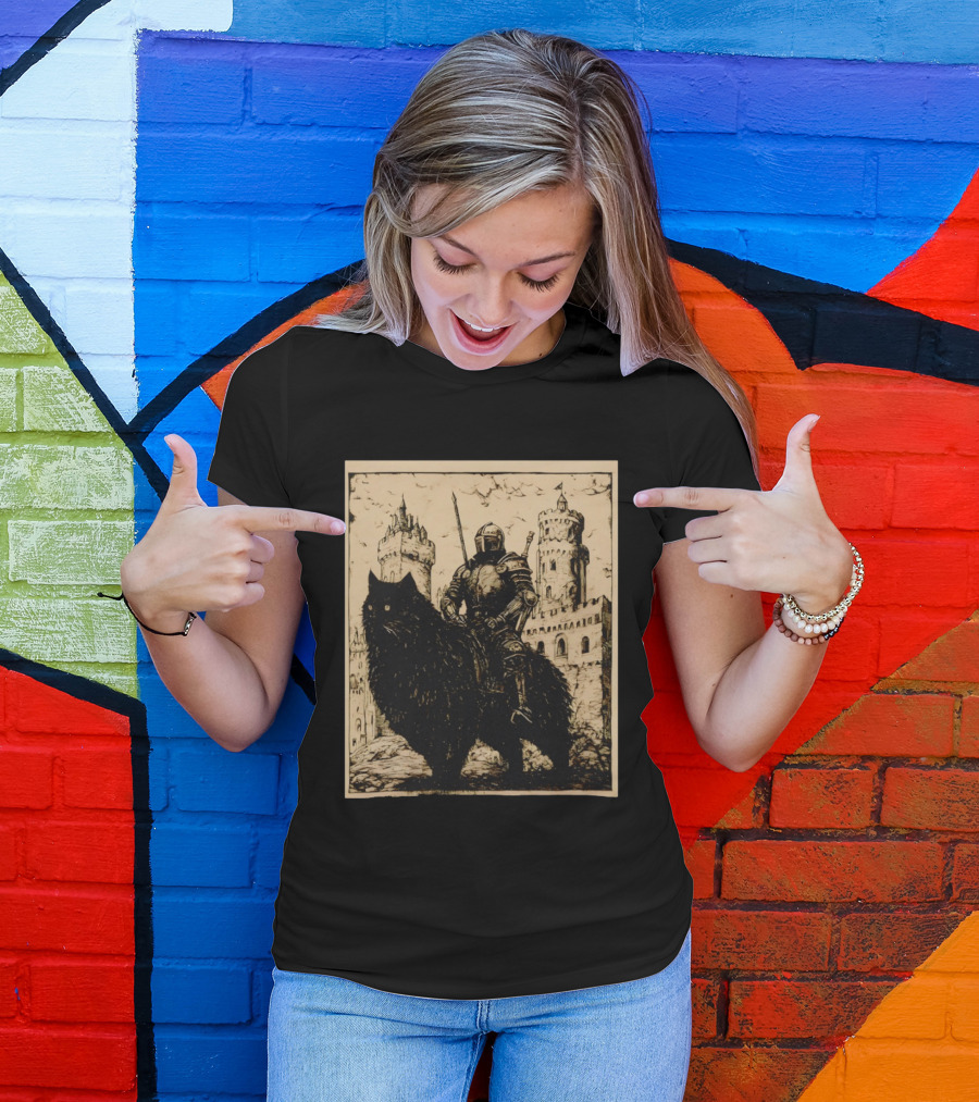Knight Riding Giant Cat In Medieval Fantasy Castle Scene T-Shirt