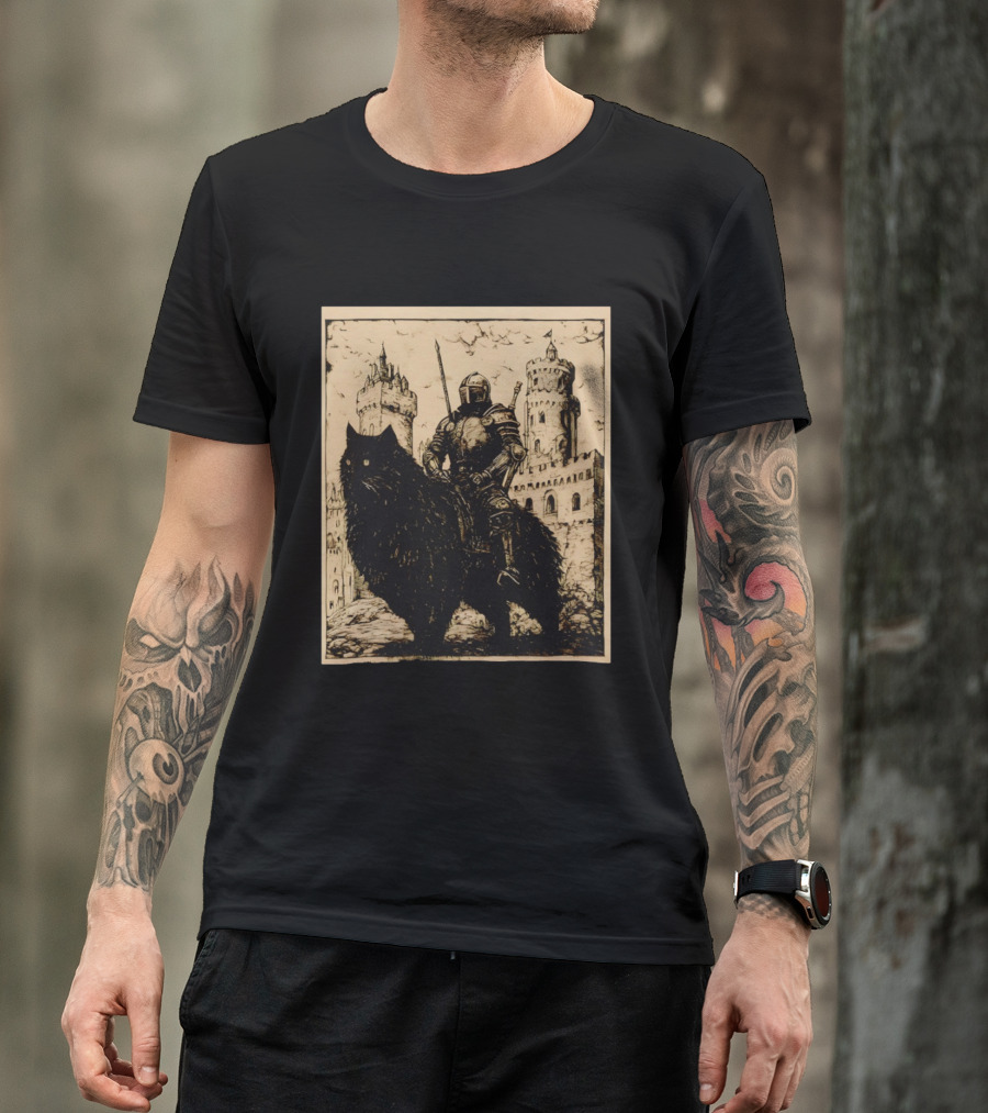 Knight Riding Giant Cat In Medieval Fantasy Castle Scene T-Shirt