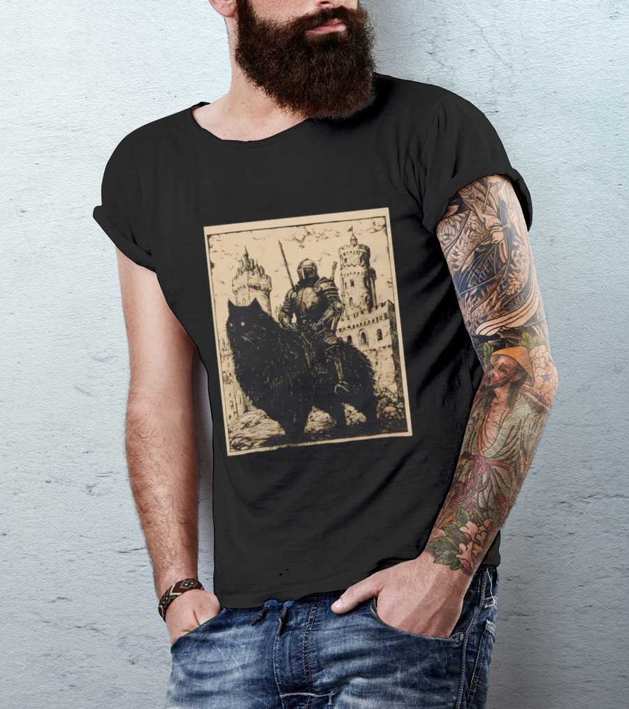 Knight Riding Giant Cat In Medieval Fantasy Castle Scene T-Shirt