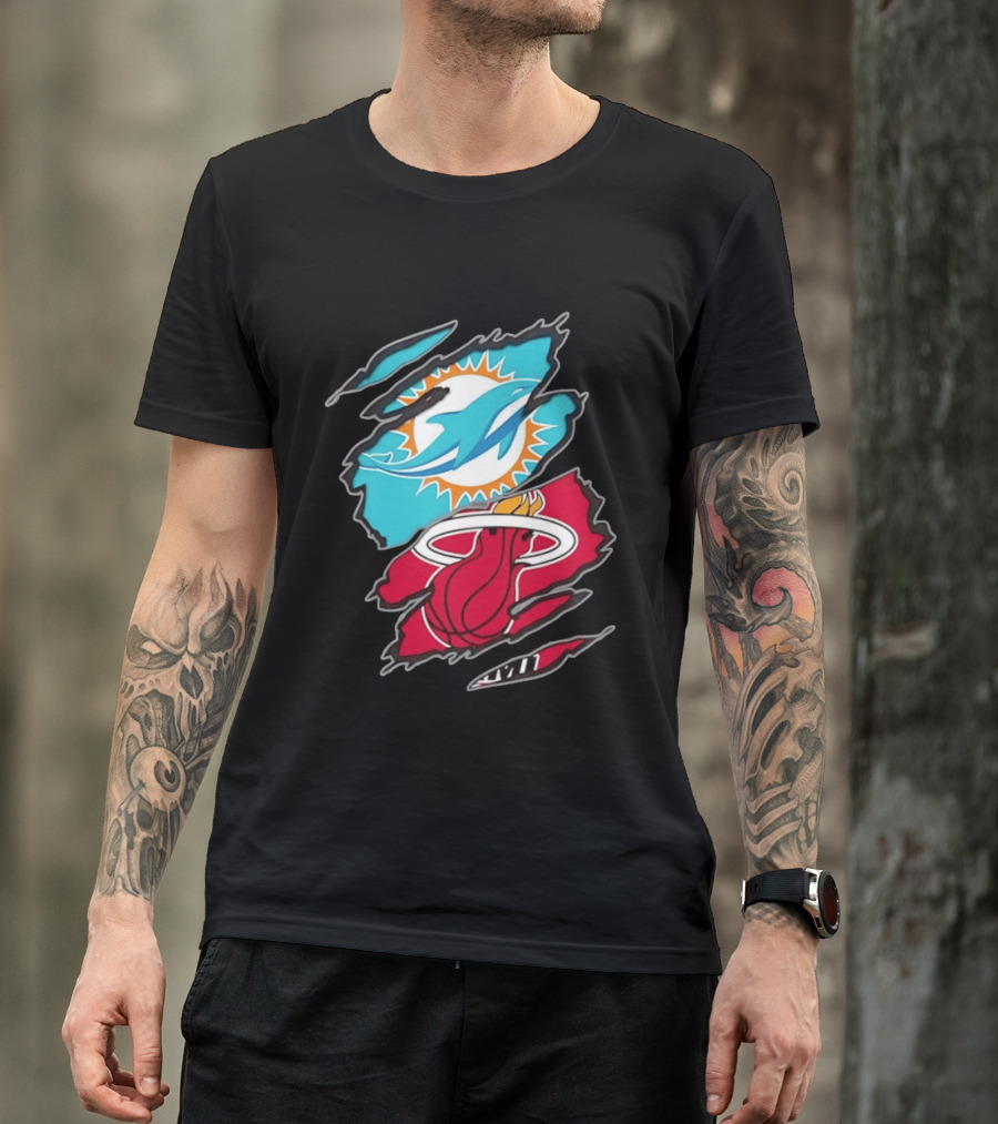 Miami Dolphins Miami Heat Two Teams One Heart Scratch T-Shirt