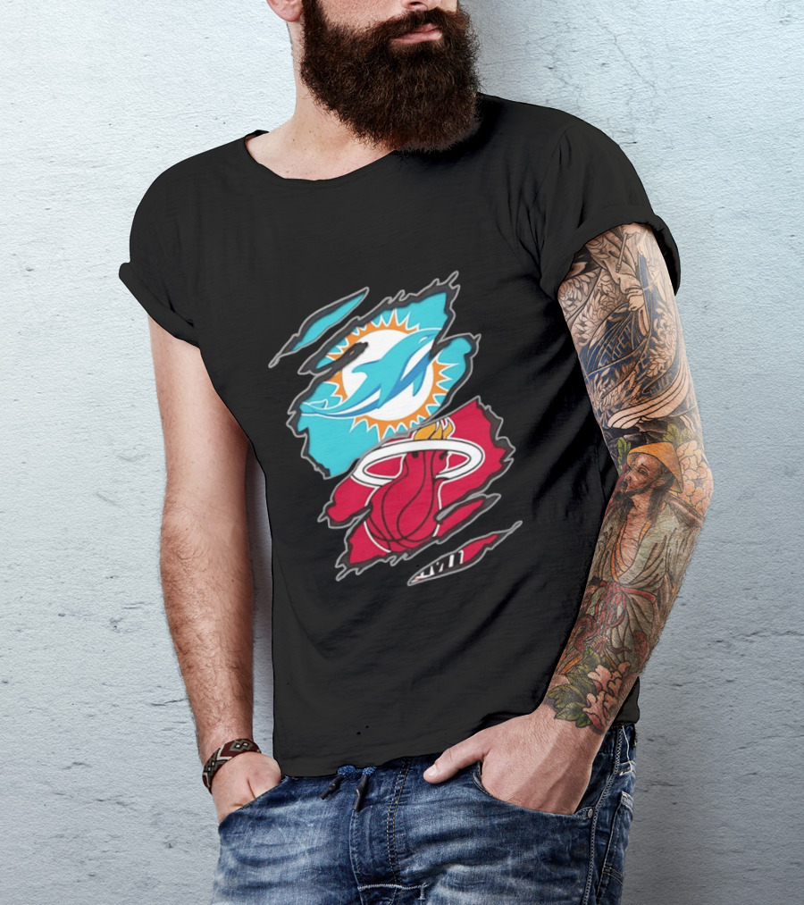 Miami Dolphins Miami Heat Two Teams One Heart Scratch T-Shirt