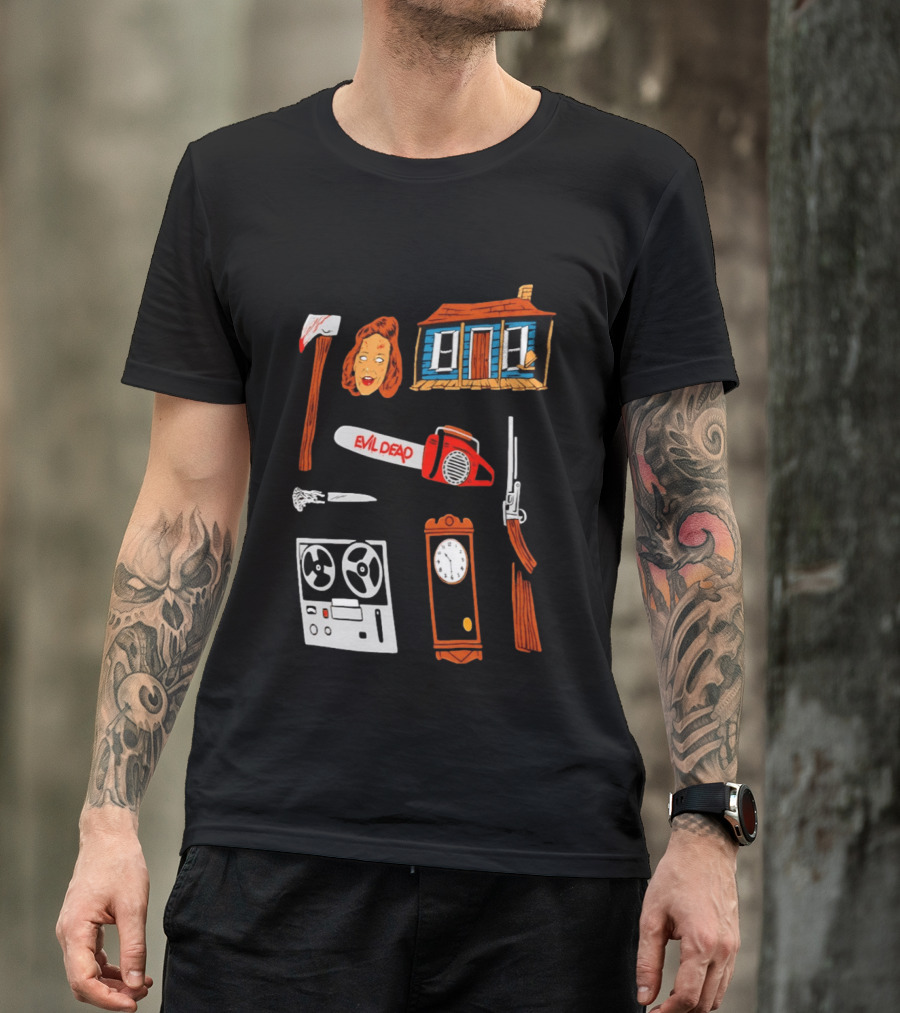 Evil Dead Horror Collage Chainsaw Cabin Axe Ash Williams T-Shirt