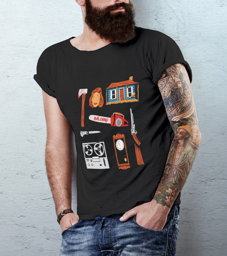 Evil Dead Horror Collage Chainsaw Cabin Axe Ash Williams T-Shirt