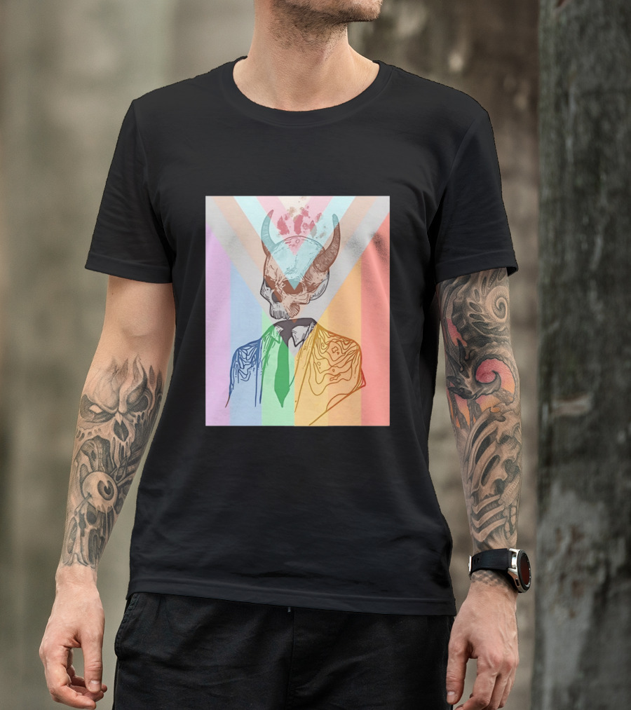 Horned Devil Skull Suit Pride Flag Surrealism Abstract Colorful T-Shirt
