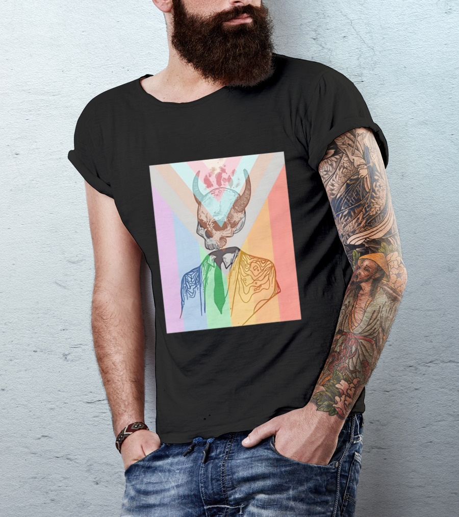 Horned Devil Skull Suit Pride Flag Surrealism Abstract Colorful T-Shirt
