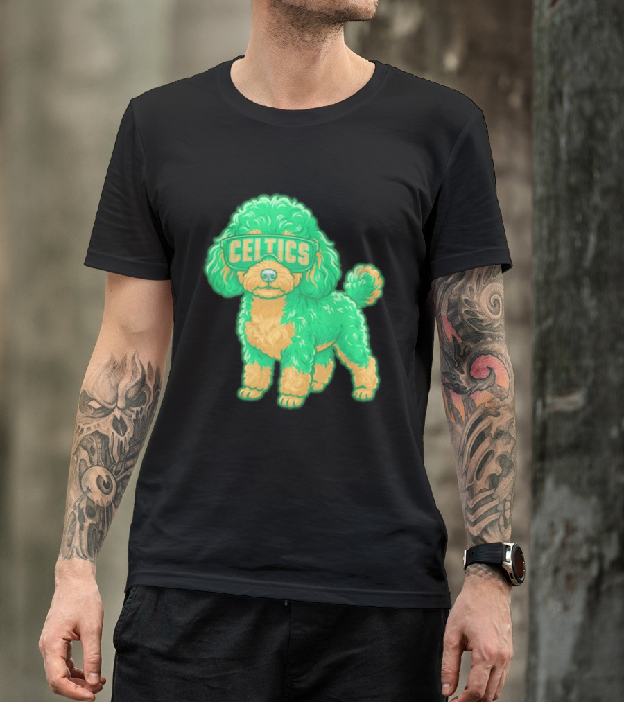 Boston Celtics Teacup Poodle Cartoon With Celtics Sunglasses T-Shirt