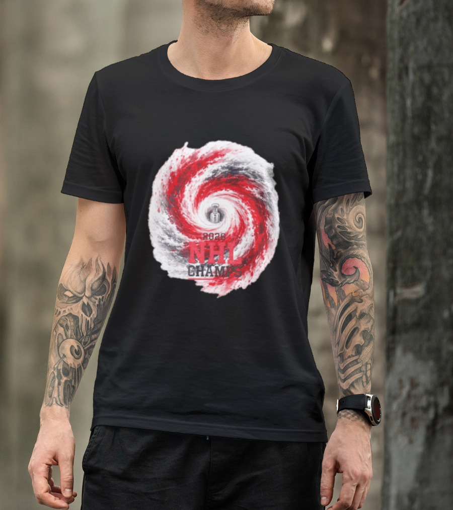 Carolina Hurricanes 2026 NHL Champs Storm With Hockey Trophy And Red Gray Swirl T-Shirt