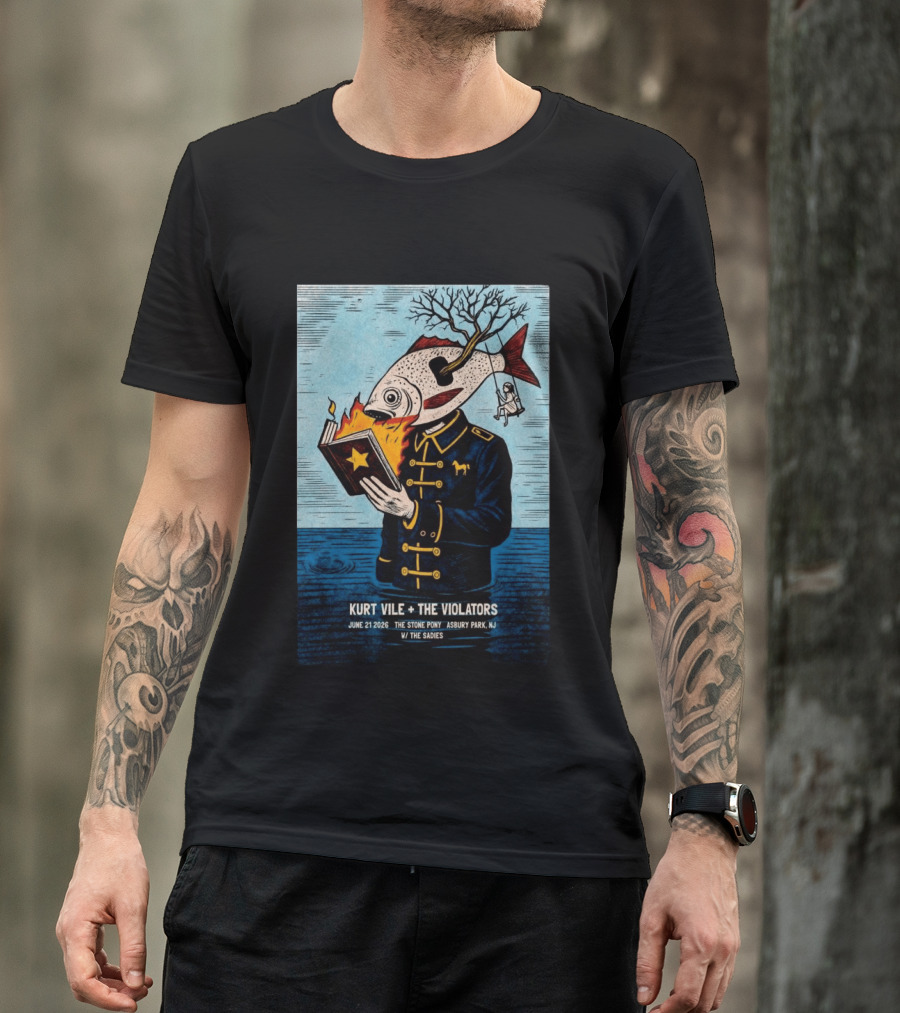 Kurt Vile + The Violators June 21 2026 Stone Pony Asbury Park NJ W/ The Sadies Surreal Fish Head Reading Book Burning Tree Swing T-Shirt