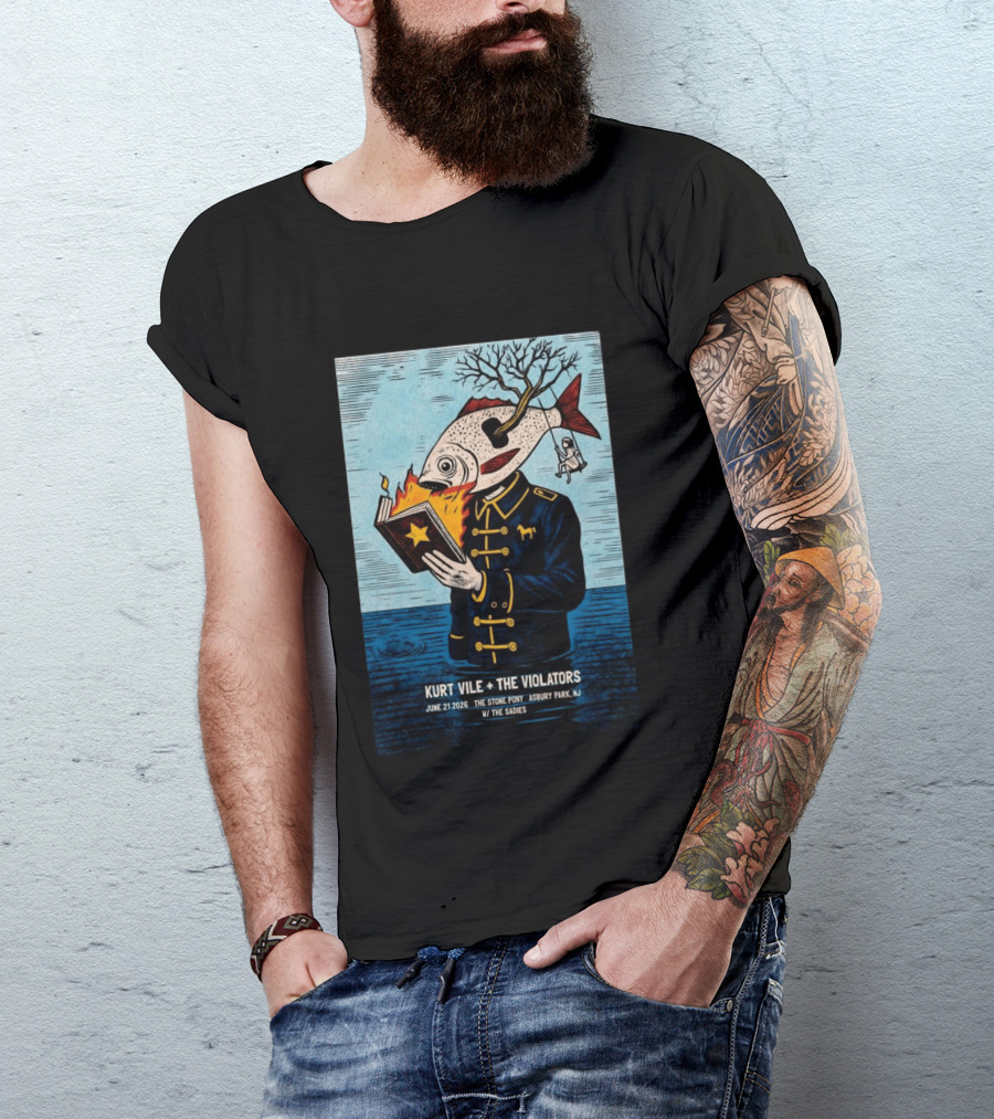 Kurt Vile + The Violators June 21 2026 Stone Pony Asbury Park NJ W/ The Sadies Surreal Fish Head Reading Book Burning Tree Swing T-Shirt