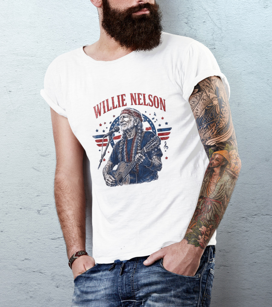 Willie Nelson America The Queen Of Country 250 Years Of Freedom USA Flag Guitar And Microphone T-Shirt