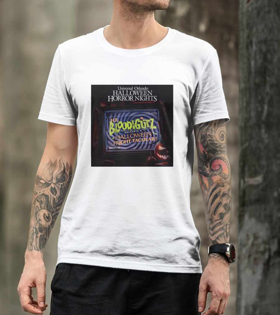 Universal Orlando Halloween Horror Nights HR Blood N Gutz Presents A Halloween Fright Tacular TV Experience T-Shirt