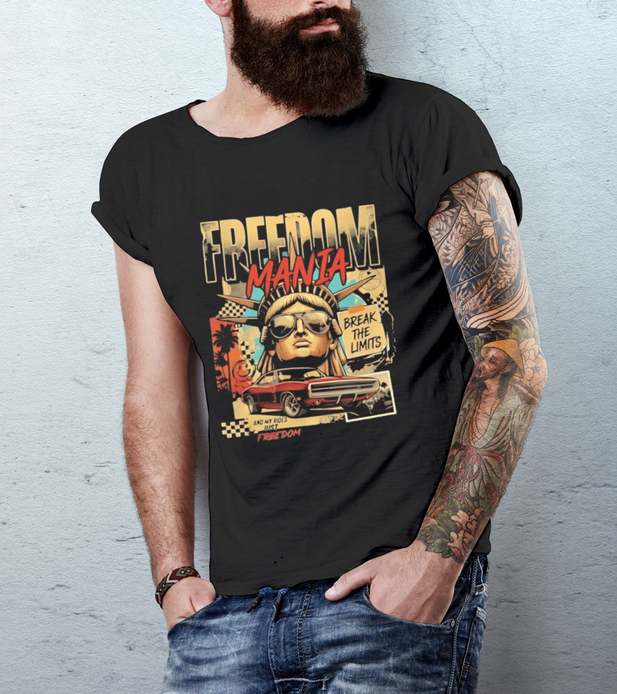 Freedom Mania Break The Limits Vintage Car Liberty Cityscape T-Shirt