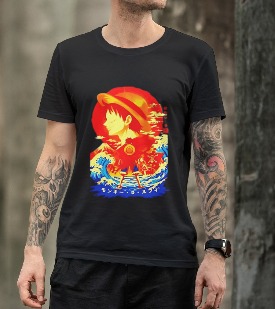 Monkey D. Luffy Straw Hat Waves Japanese Text One Piece Anime T-Shirt
