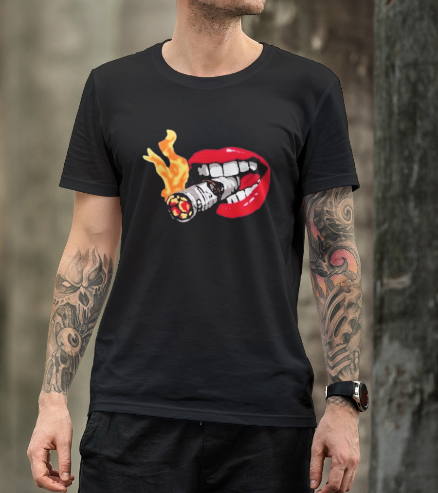 Flaming Smoking Money Lips Chenille T-Shirt