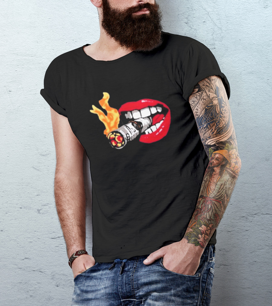 Flaming Smoking Money Lips Chenille T-Shirt