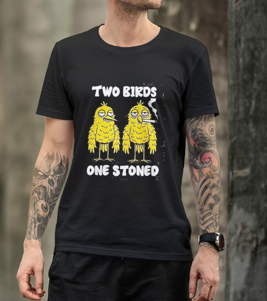 Two Birds One Stoned Smoking Cartoon Humor T-Shirt