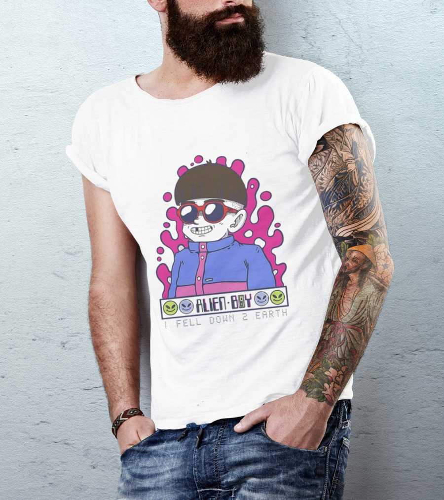 Alien Boy I Fell Down 2 Earth Cool Kid Retro Pink Smiley Vibes T-Shirt