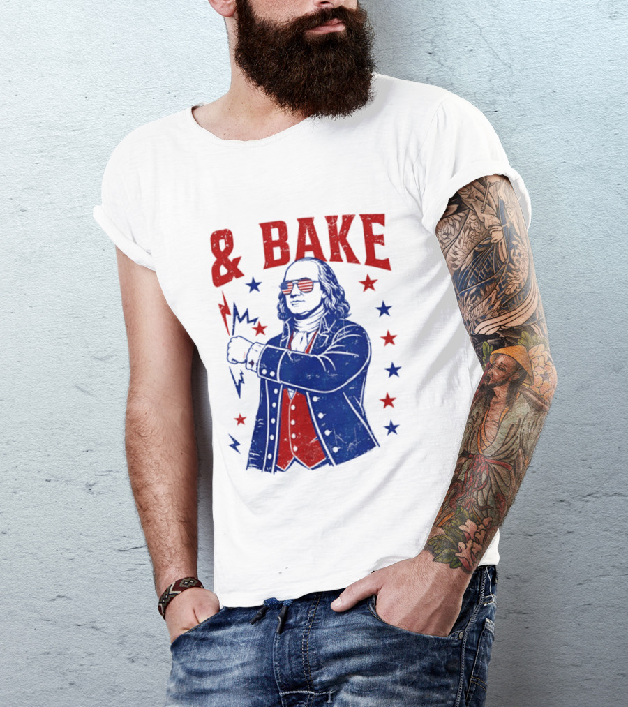 USA Benjamin Franklin Bake American Flag Sunglasses Stars T-Shirt