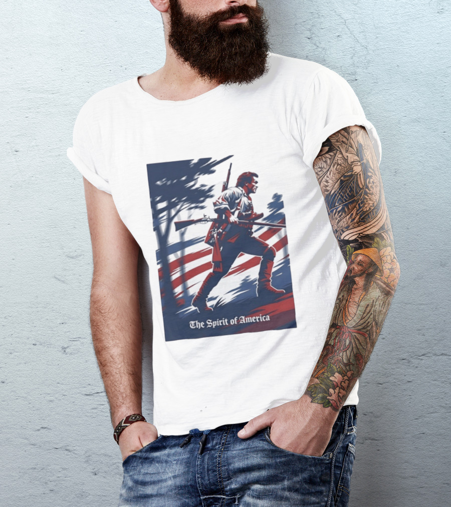 The Spirit Of America Revolutionary War Soldier With Musket And American Flag T-Shirt