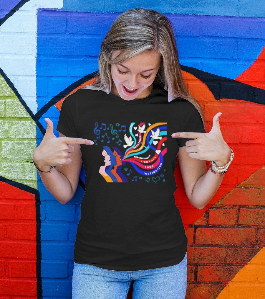 Women's Music Hope Resilience Joy Empowerment Vibrancy Love Inspiration Doves Notes Hearts T-Shirt